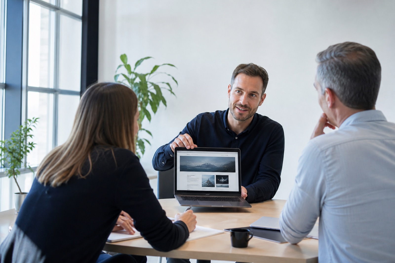 Marketing-Berater präsentieren eine Landingpage vor Kunden