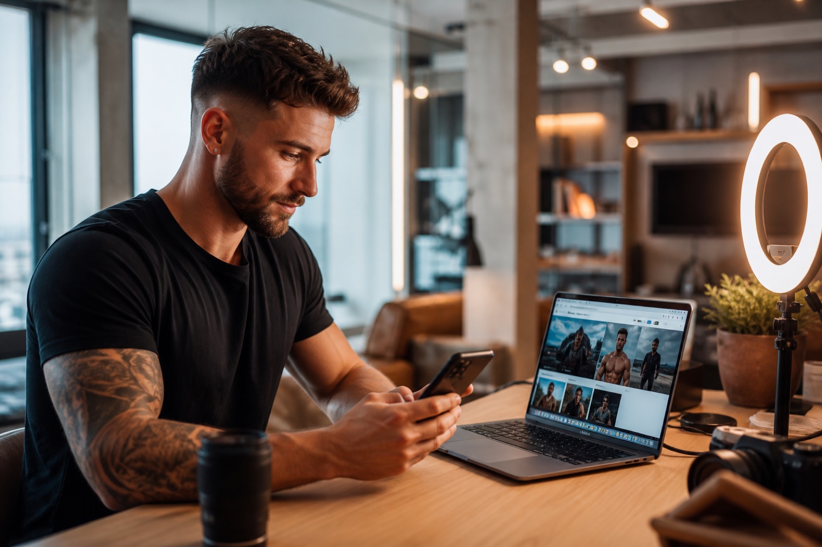 Lifestyle-Creator am Schreibtisch mit Handy und Personal-Brand-Website
