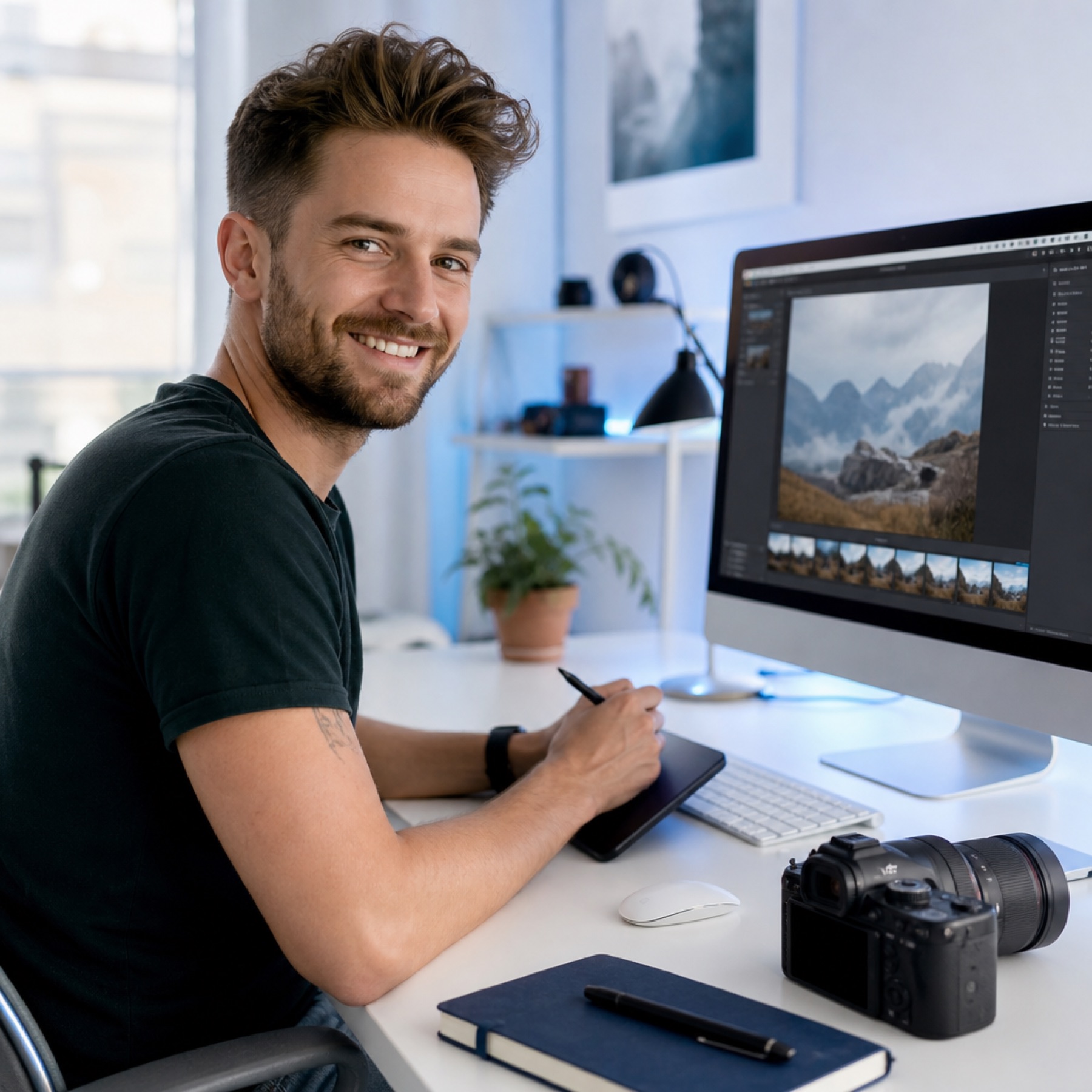 Creator bearbeitet ein Portfolio an einem hellen Schreibtisch