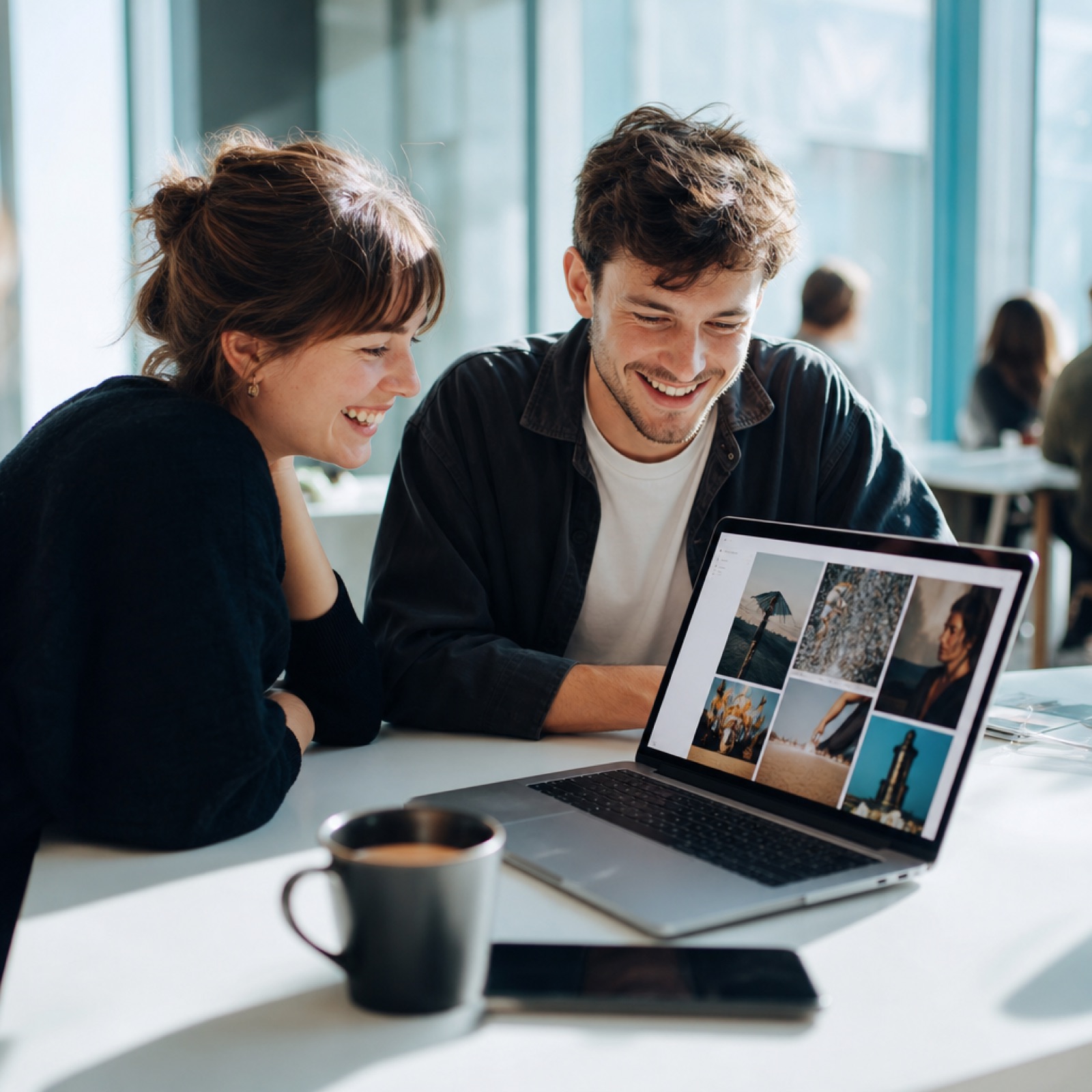 Zwei Creators arbeiten gemeinsam am Laptop im Coworking