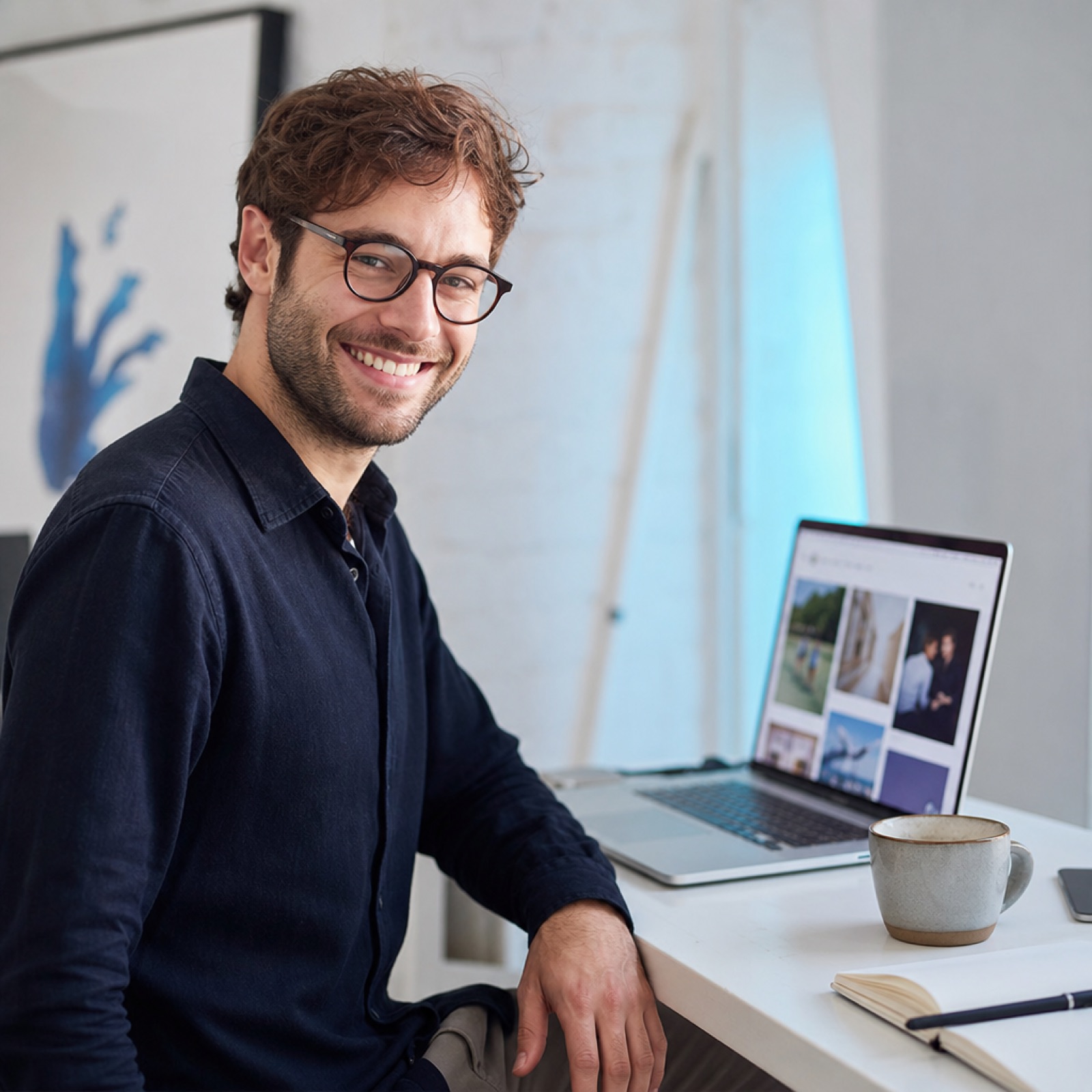 Freelancer am hellen Schreibtisch mit Portfolio-Website am Laptop