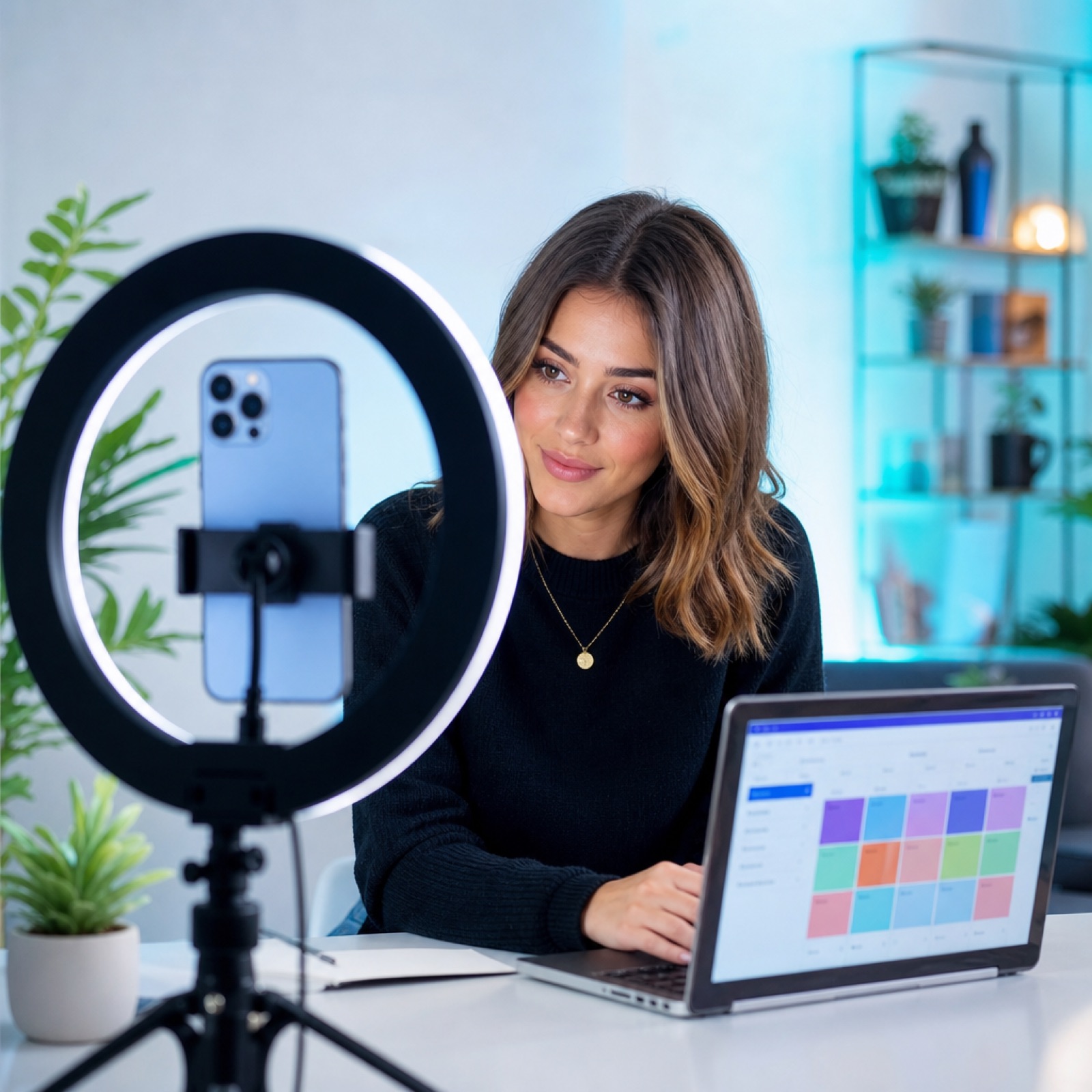 Influencer filmt mit dem Handy am Stativ neben dem Laptop